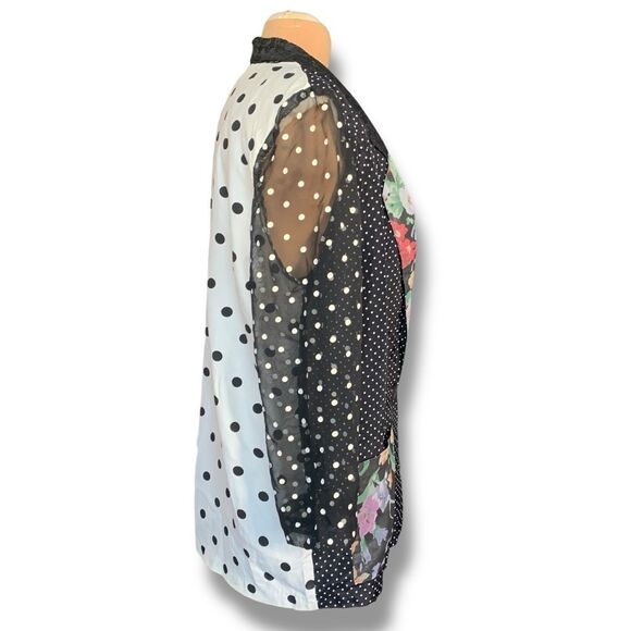 Vintage 90s Black Oversized Blazer Jacket Patchwork Polka Dot Floral Lace Collar - Picture 4 of 9